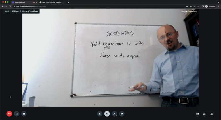 Screenshot of a man using share the board with caption good news