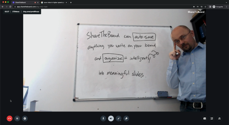 Screenshot of a man using share the board with a caption auto saving