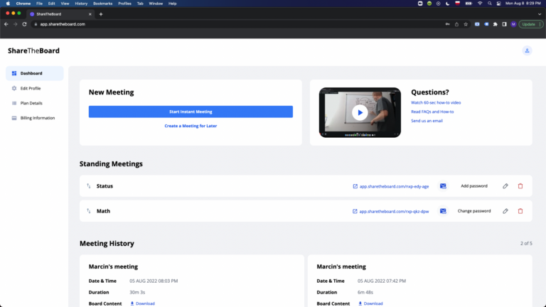 Screenshot of a dashboard of share the board application