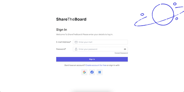 Screenshot of a login screen of share the board app